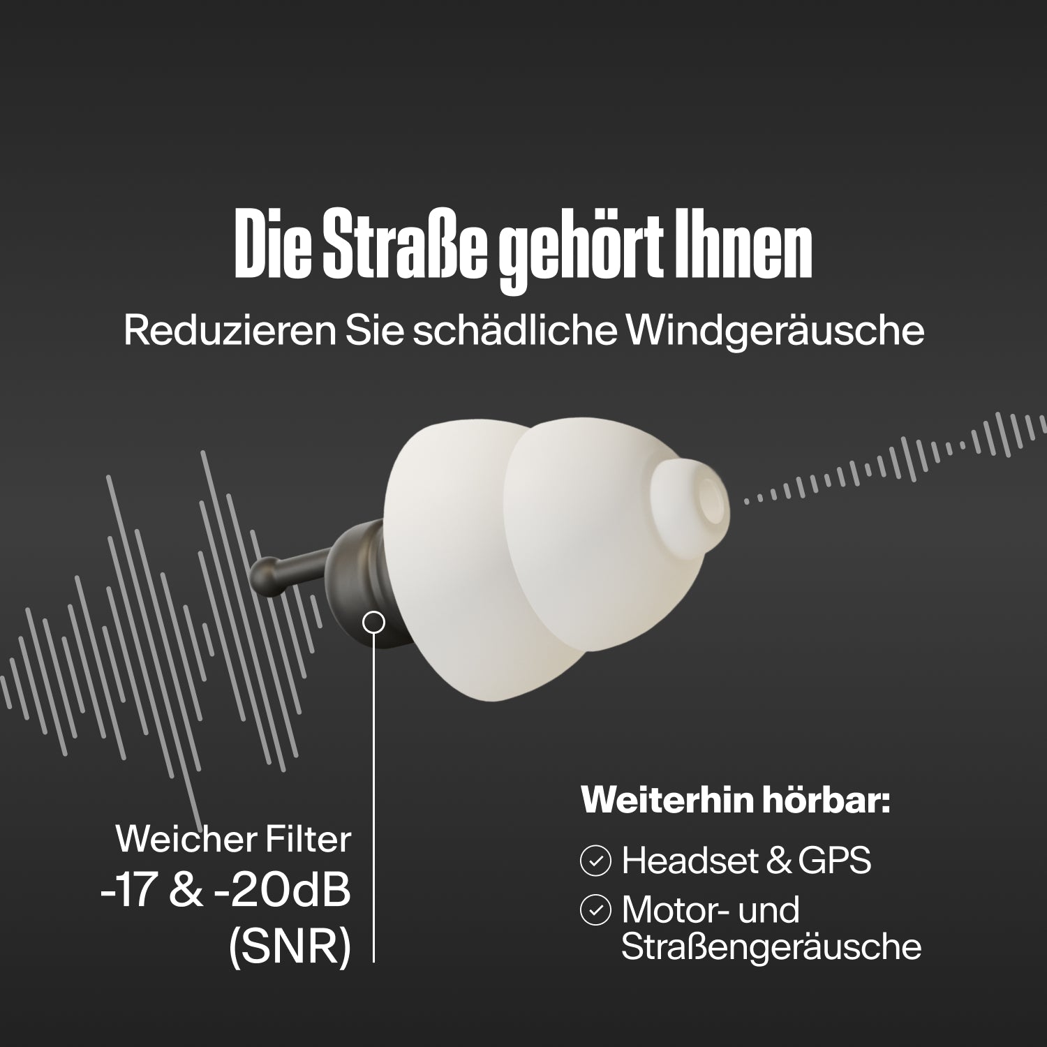 Alpine MotoSafe Duo Ohrstöpsel filtert Schallwellen, mit dem Text &