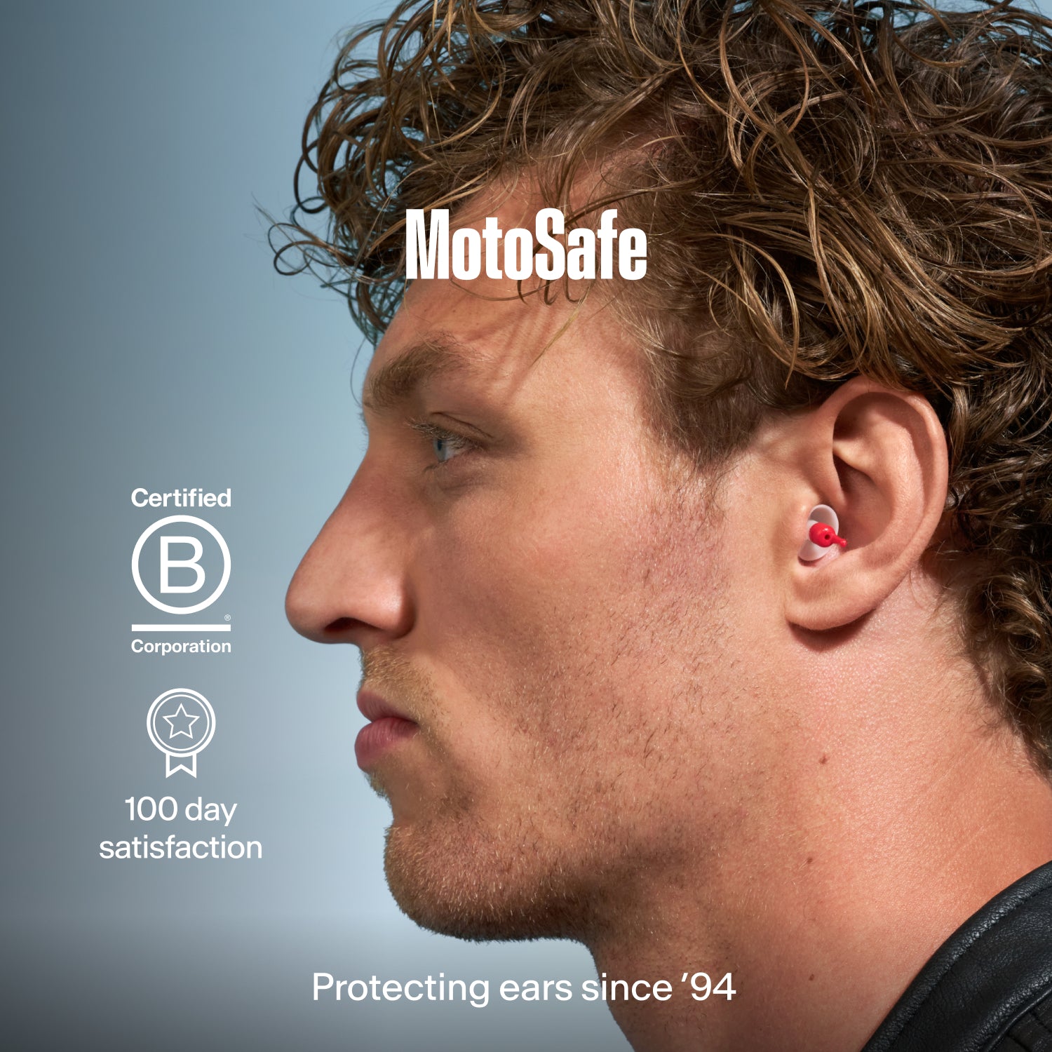 Man wearing an Alpine MotoSafe Duo earplug, with the text &