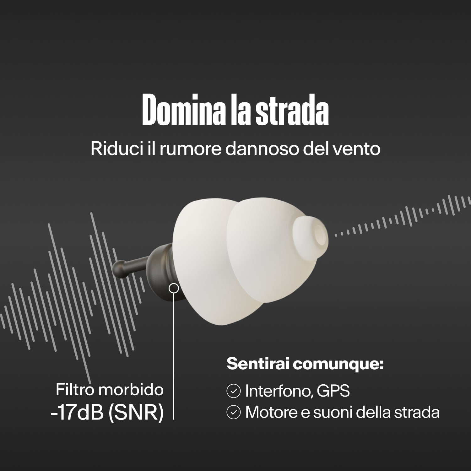 Tappo Alpine MotoSafe Tour tra onde sonore, testo "Domina la strada – Riduci il rumore dannoso del vento", "Filtro morbido -17dB (SNR)", "Sentirai comunque: Interfono, GPS, Motore e suoni della strada"