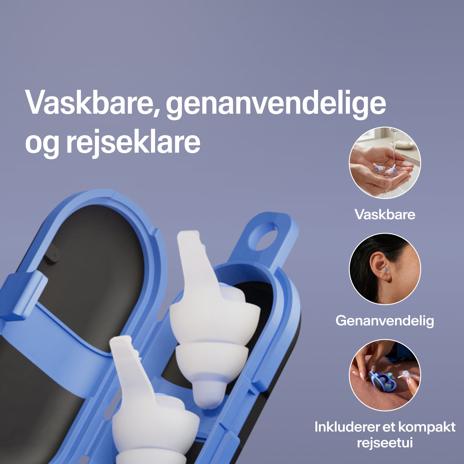 Vaskbare, genanvendelige Alpine SleepDeep ørepropper i størrelse L i et åbent blåt kompakt rejseetui, klar til rejsen