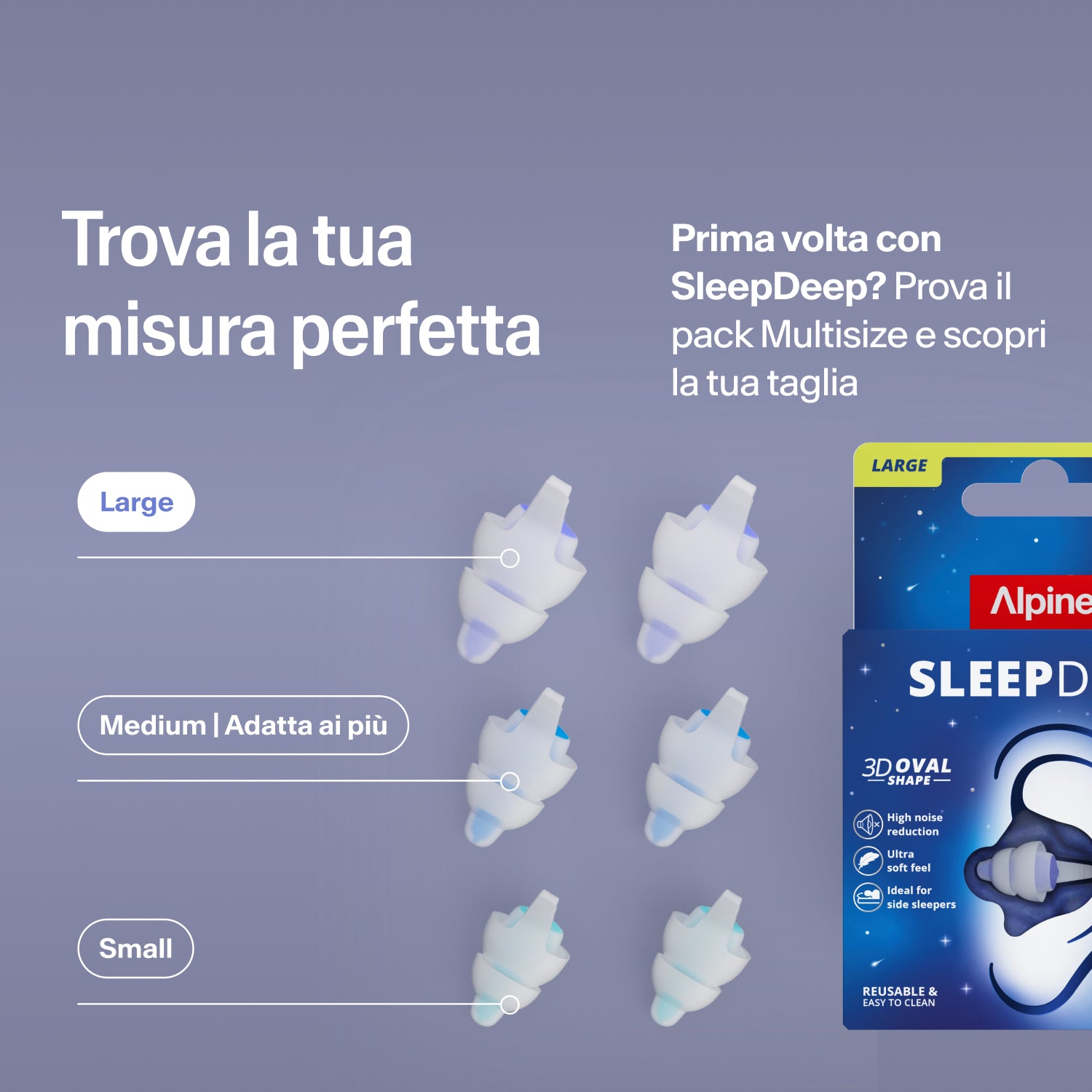 Tappi Alpine SleepDeep nelle taglie Large, Medium e Small accanto alla confezione; il pack Multisize aiuta a trovare la taglia giusta