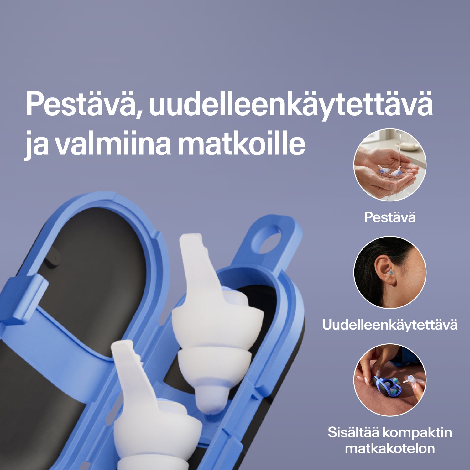Pestävät, uudelleenkäytettävät Alpine SleepDeep -korvatulpat, koko M, avoimessa sinisessä matkakotelossa, valmiina matkalle