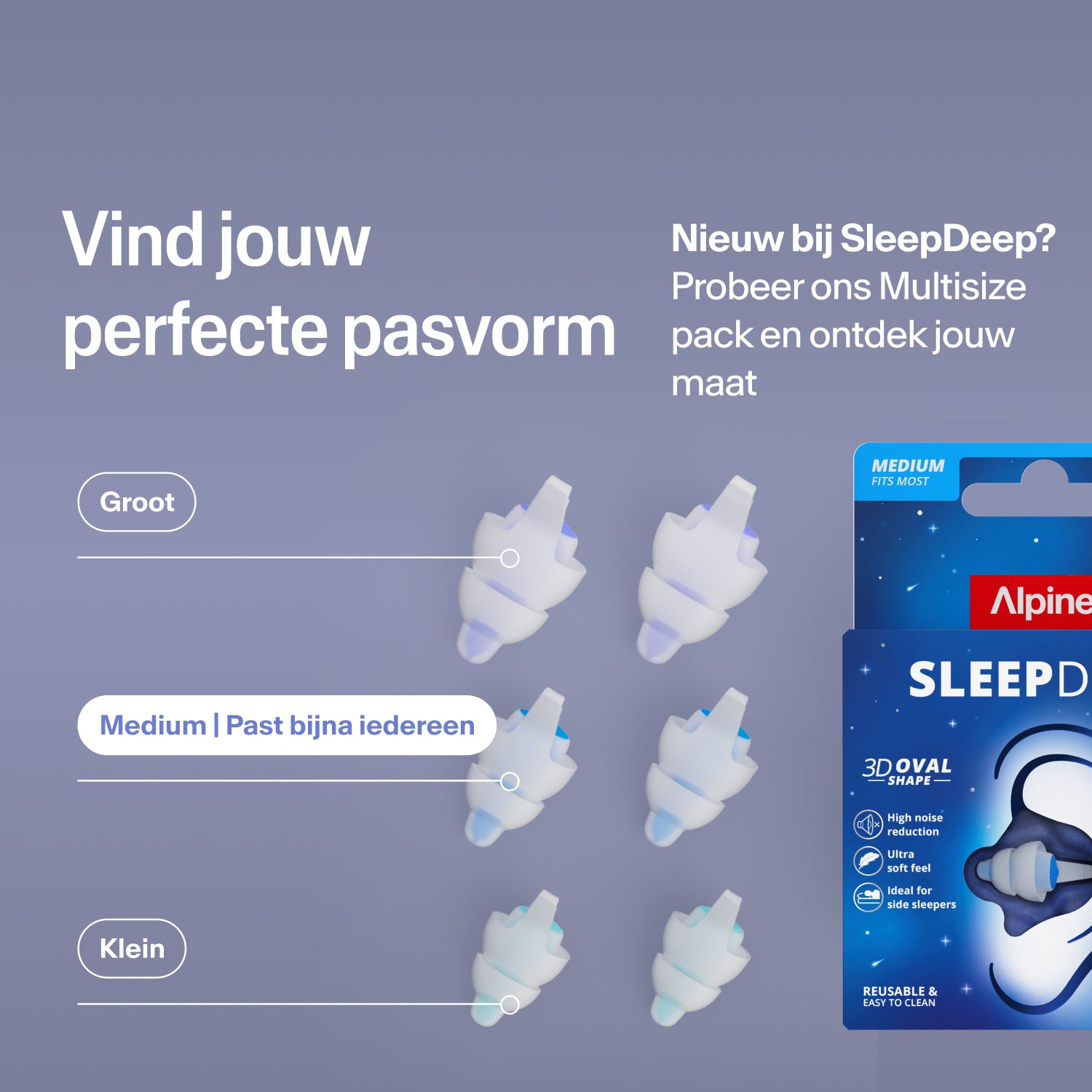 Alpine SleepDeep oordopjes in de maten Large, Medium en Small naast de verpakking; vind de juiste maat met de Multisize-set