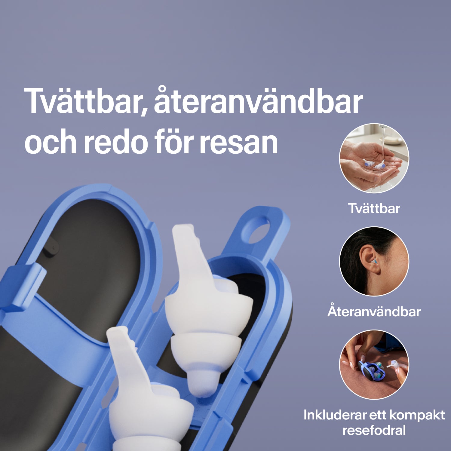 Tvättbara, återanvändbara Alpine SleepDeep öronproppar i storlek M i ett öppet blått kompakt reseetui, redo för resan