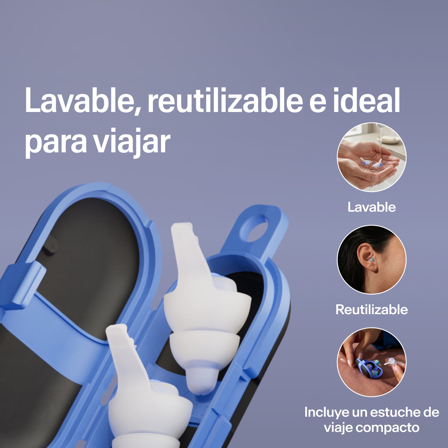 Tapones lavables y reutilizables Alpine SleepDeep Multisize en un estuche de viaje azul compacto abierto, listos para viajar