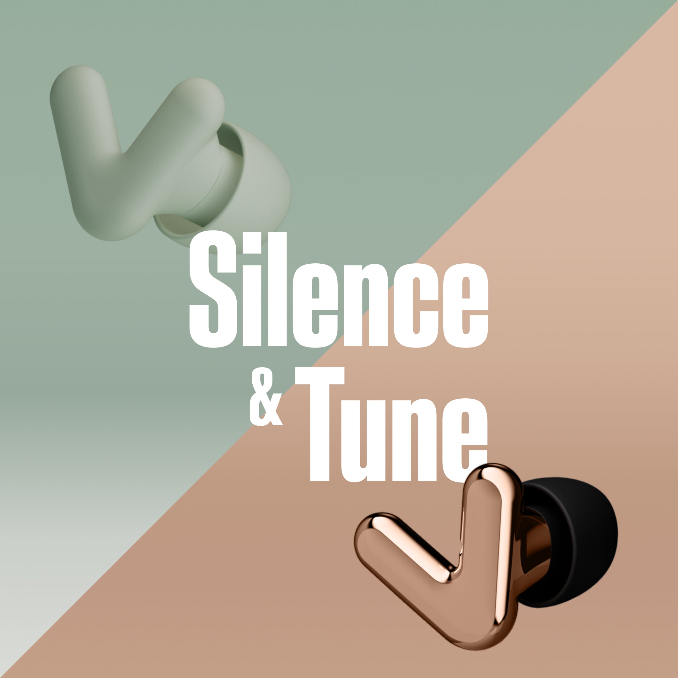 Alpine Silence and Alpine Tune earplugs, 3D render on a split two-tone background with the text &