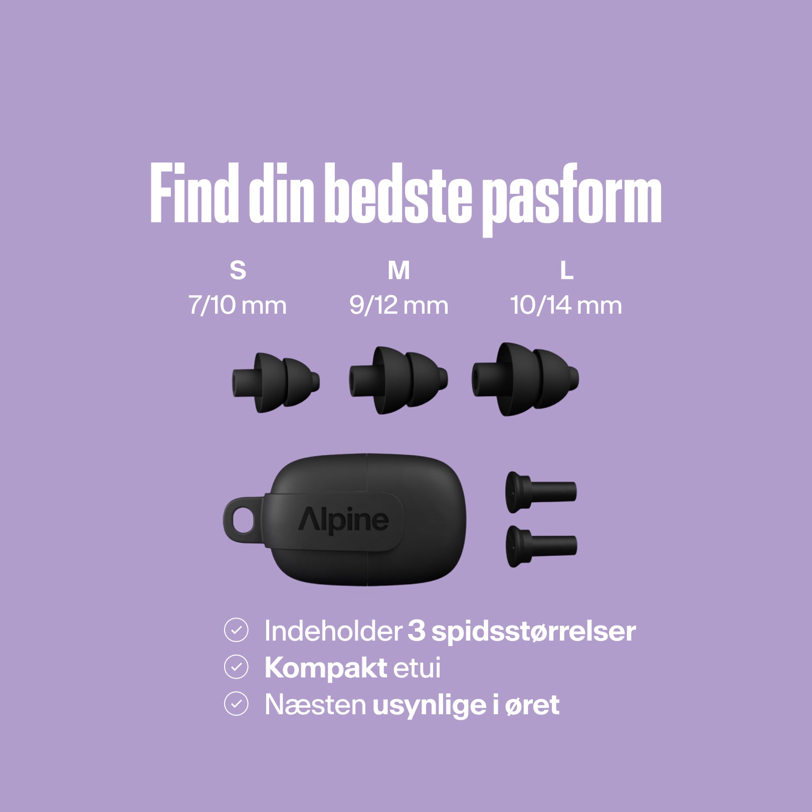 Alpine PartyPlug tips (S/M/L) med kompakt bæretaske, næsten usynlige i øret