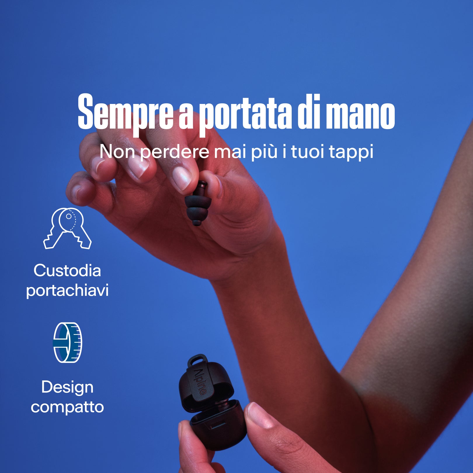 Alpine PartyPlug nero: custodia portachiavi, design compatto, non perdere mai più i tappi