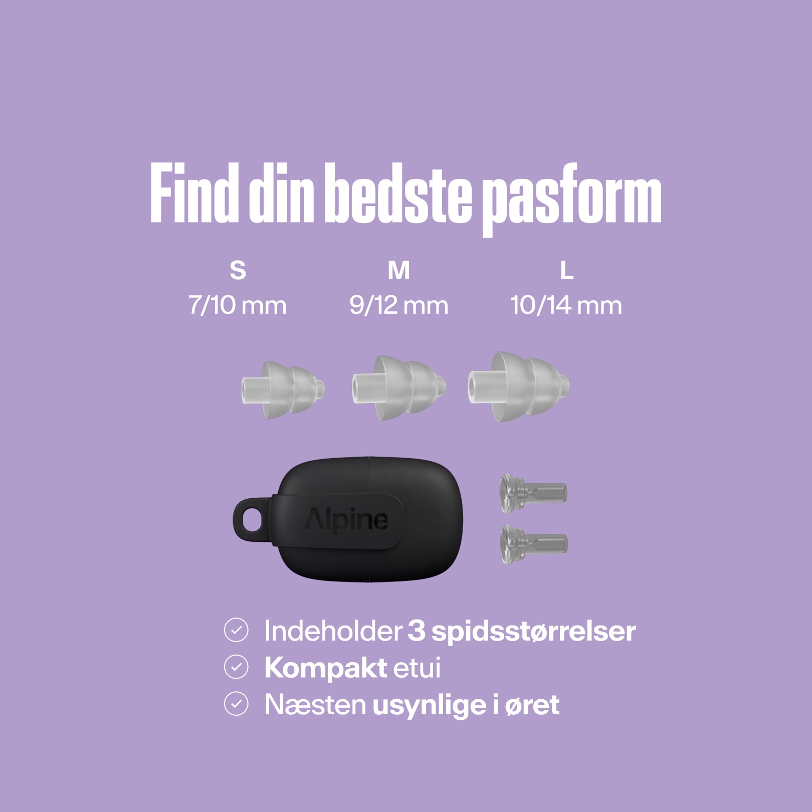 Alpine PartyPlug tips (S/M/L) med kompakt bæretaske, næsten usynlige i øret