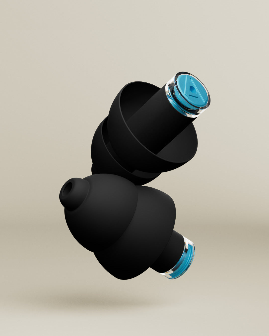 Pair of black Alpine 24h Le Mans® Earplugs with blue filters, 3D render