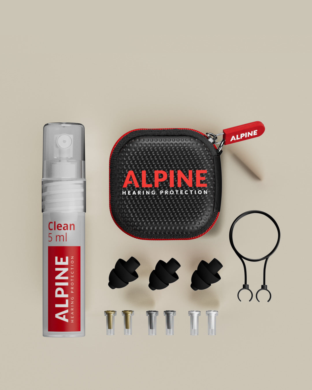 Alpine Music Safe Pro kit with three filters, earplugs, storage case, cleaning spray, wearing cord