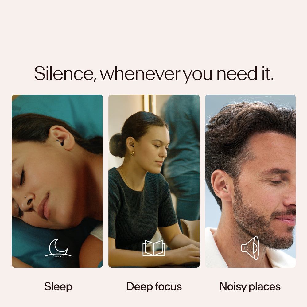 Three people in different states of rest or focus while wearing Alpine Silence in beige, with text and icons indicating &