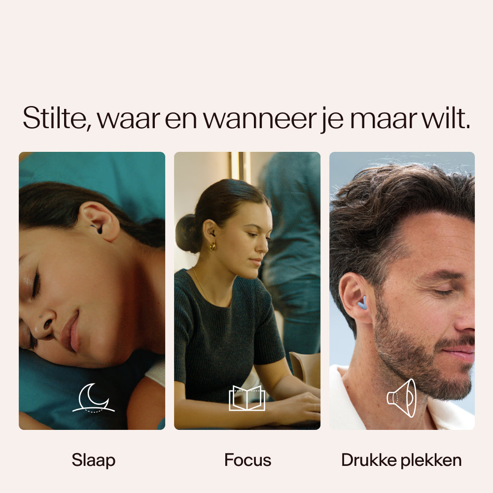 Drie mensen in verschillende staten van rust of concentratie, met Alpine Silence in blauw, met tekst en iconen die &