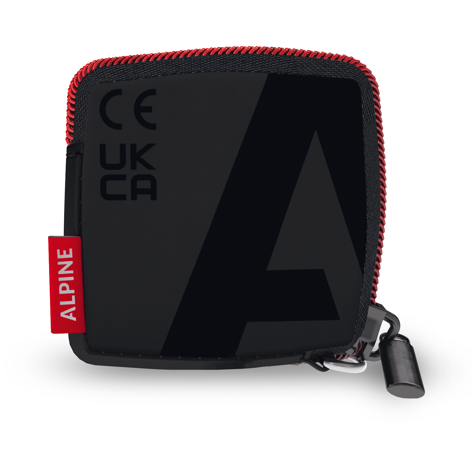 Alpine Travelcase, black zip pouch with red zipper, CE and UKCA marks and Alpine logo
