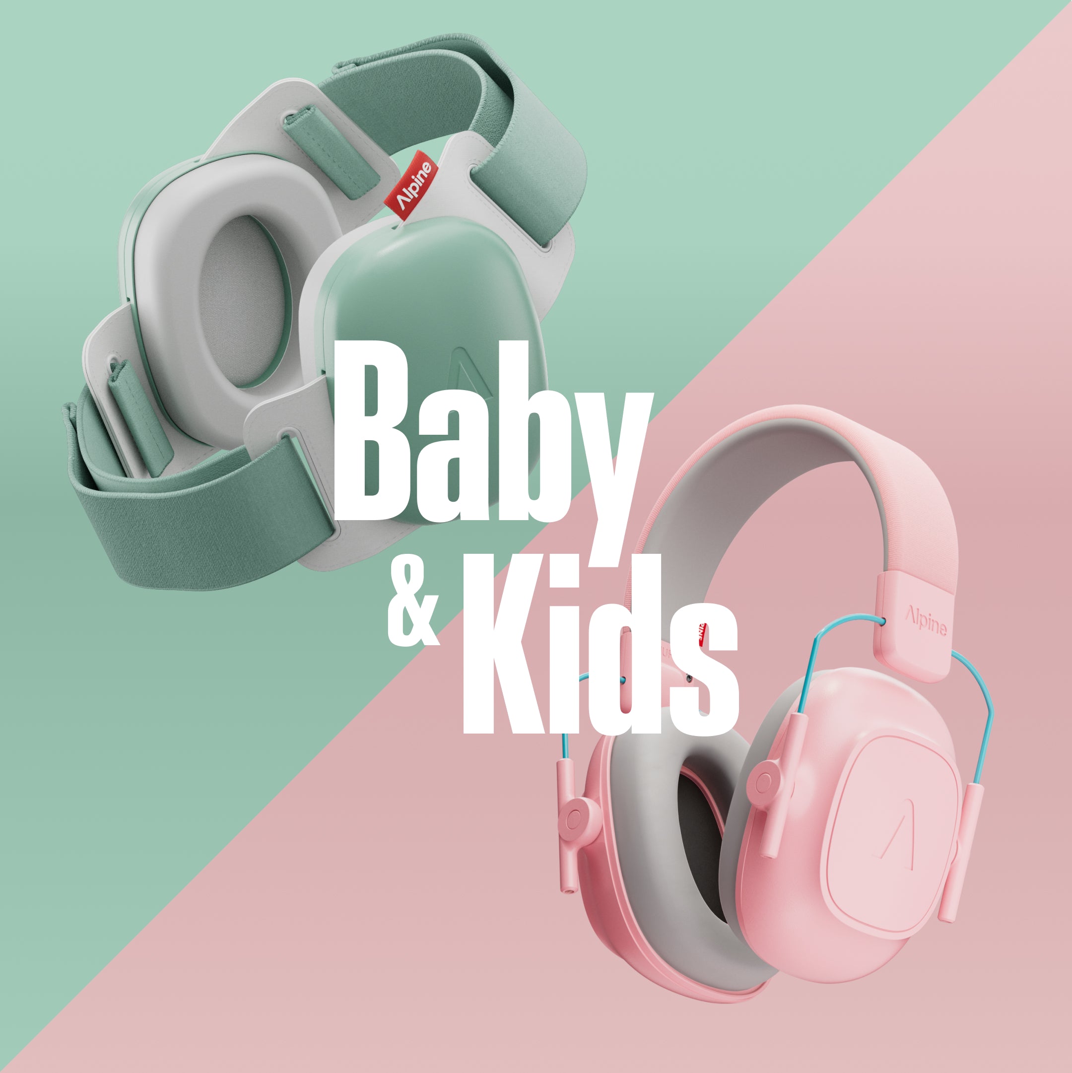 Alpine Muffy Baby and Alpine Muffy Kids earmuffs, 3D render on a split two-tone background with the text &