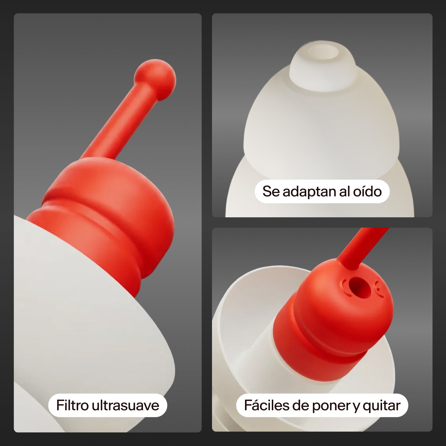 Primeros planos de los tapones Alpine MotoSafe Sport con los textos &