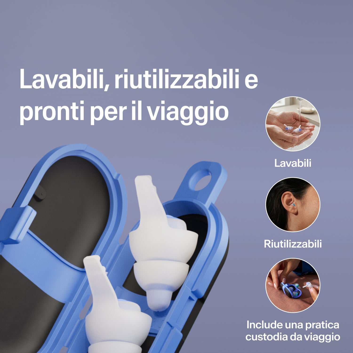 Tappi lavabili e riutilizzabili Alpine SleepDeep taglia M in una custodia da viaggio blu compatta aperta, pronti per viaggiare 