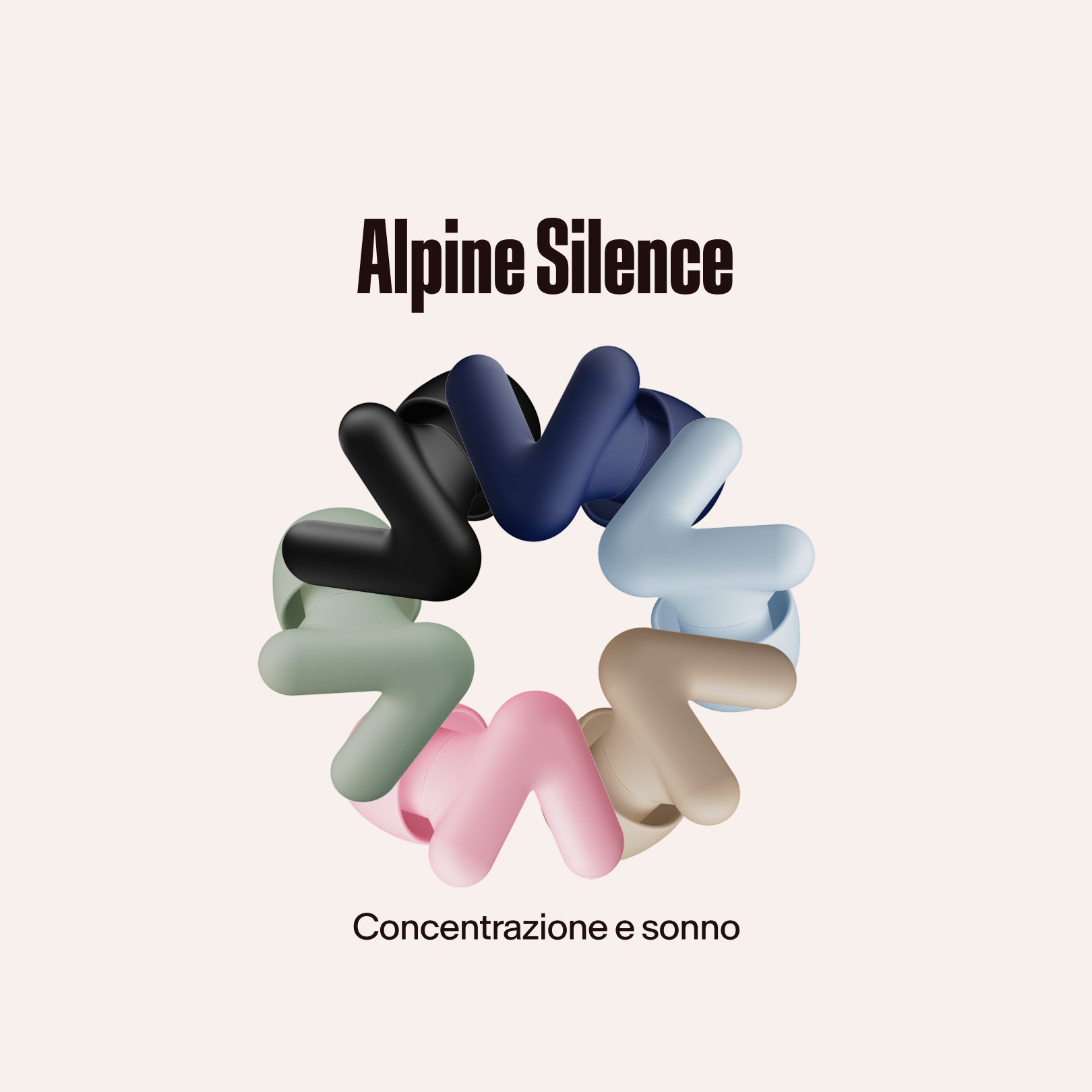 Tappi per le orecchie Alpine Silence in vari colori disposti in cerchio, con la scritta &
