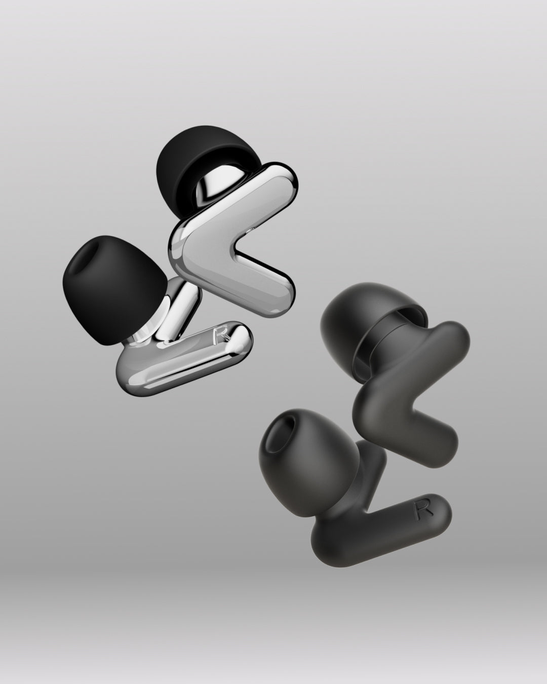 Alpine Day & Night Bundle: silver Alpine Tune and black Alpine Silence earplugs, 3D render on a grey background 
