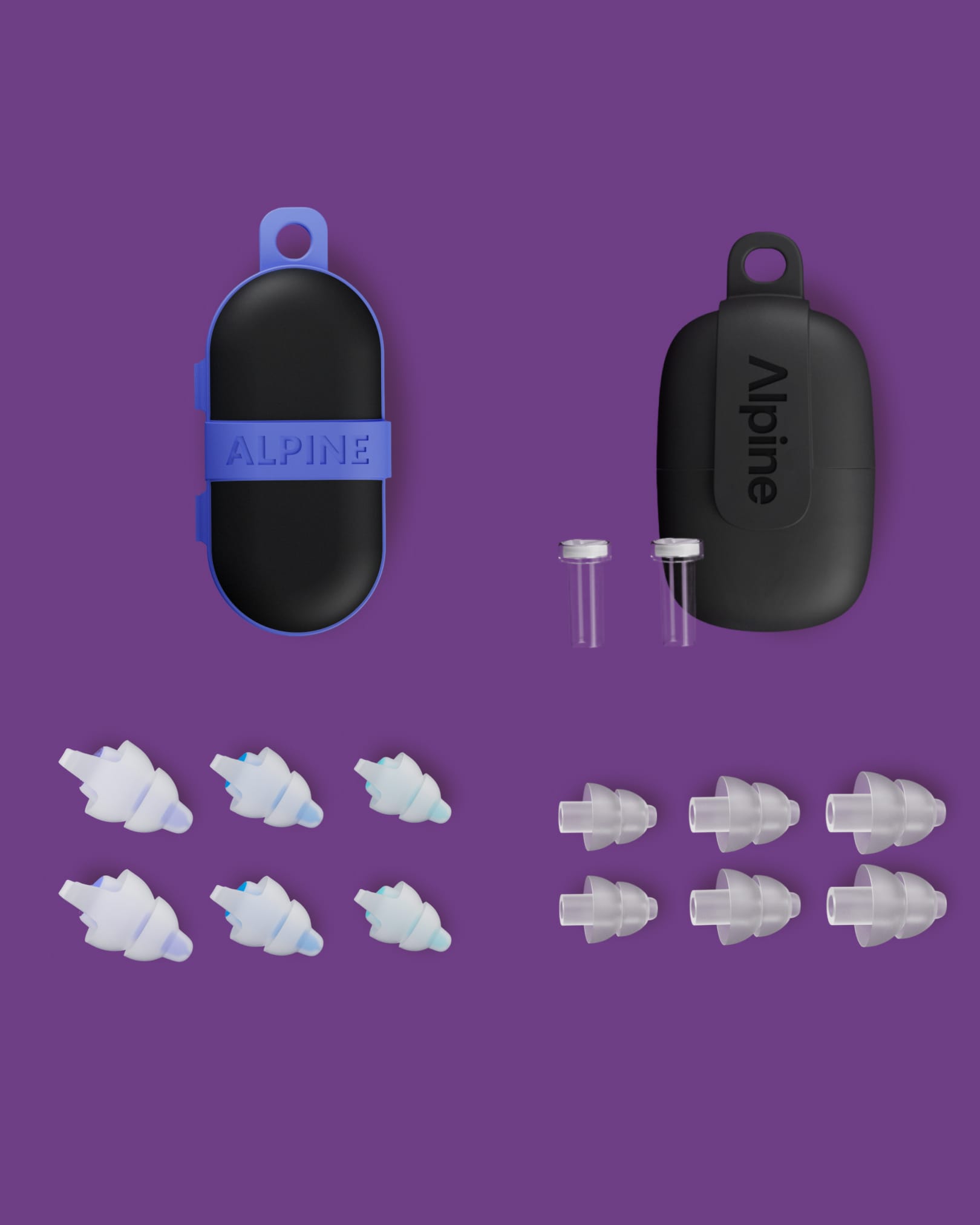 Alpine Festival Bundle: Alpine SleepDeep and Alpine PartyPlug Pro earplugs with their cases, spare ear tips and accessories, top view 