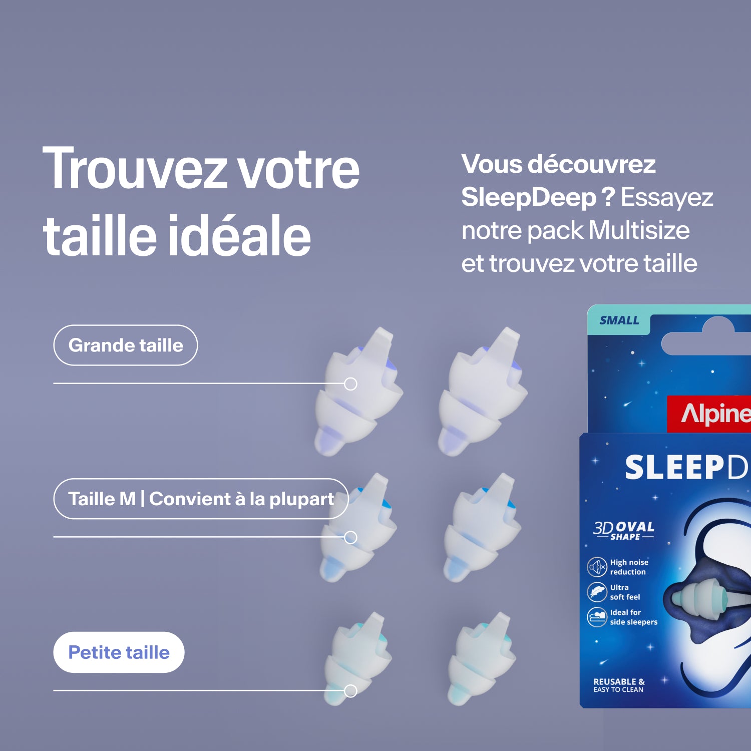 Bouchons Alpine SleepDeep en tailles Large, Medium et Small à côté de l&