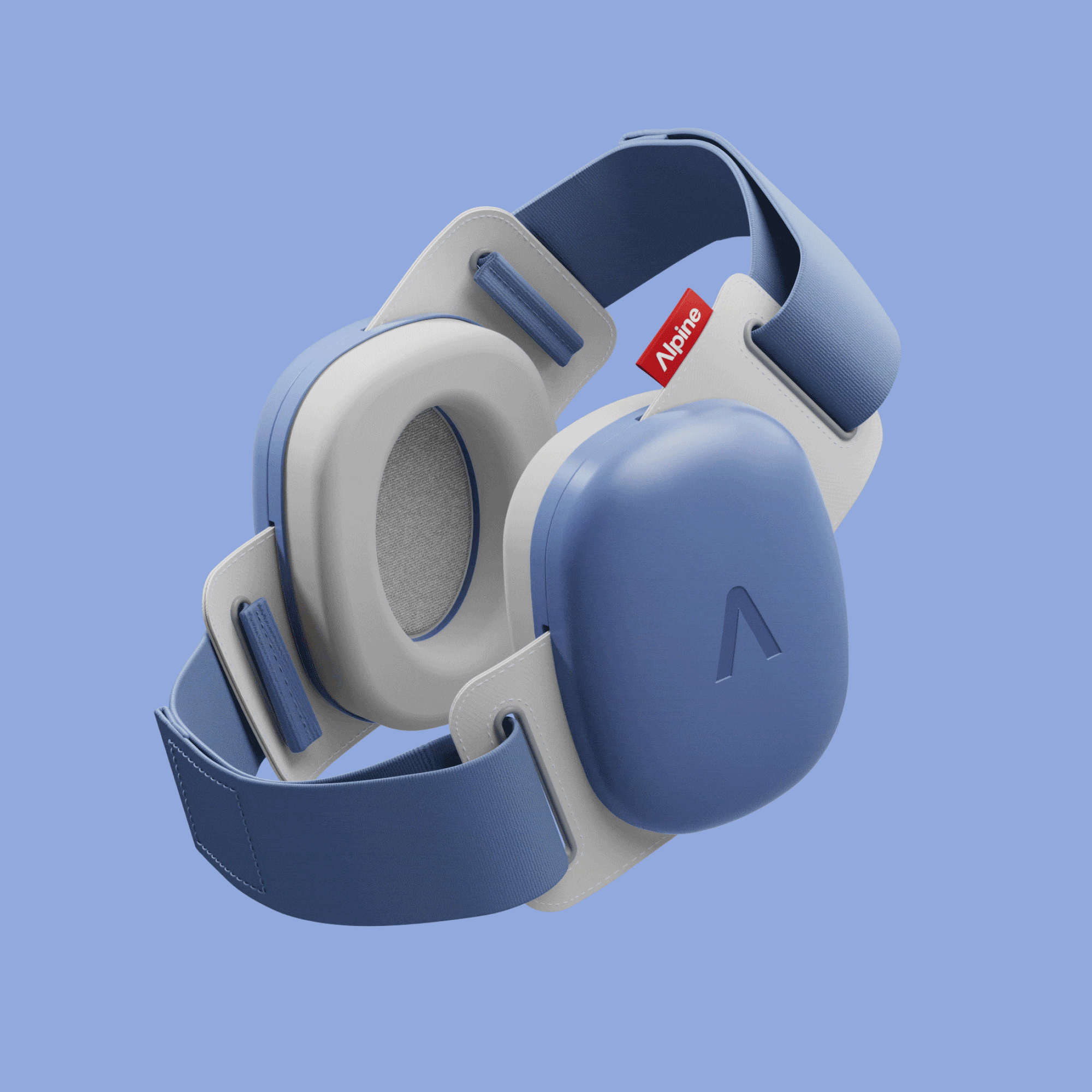 Alpine Muffy Baby in denim-blue, displaying different headband color options 
