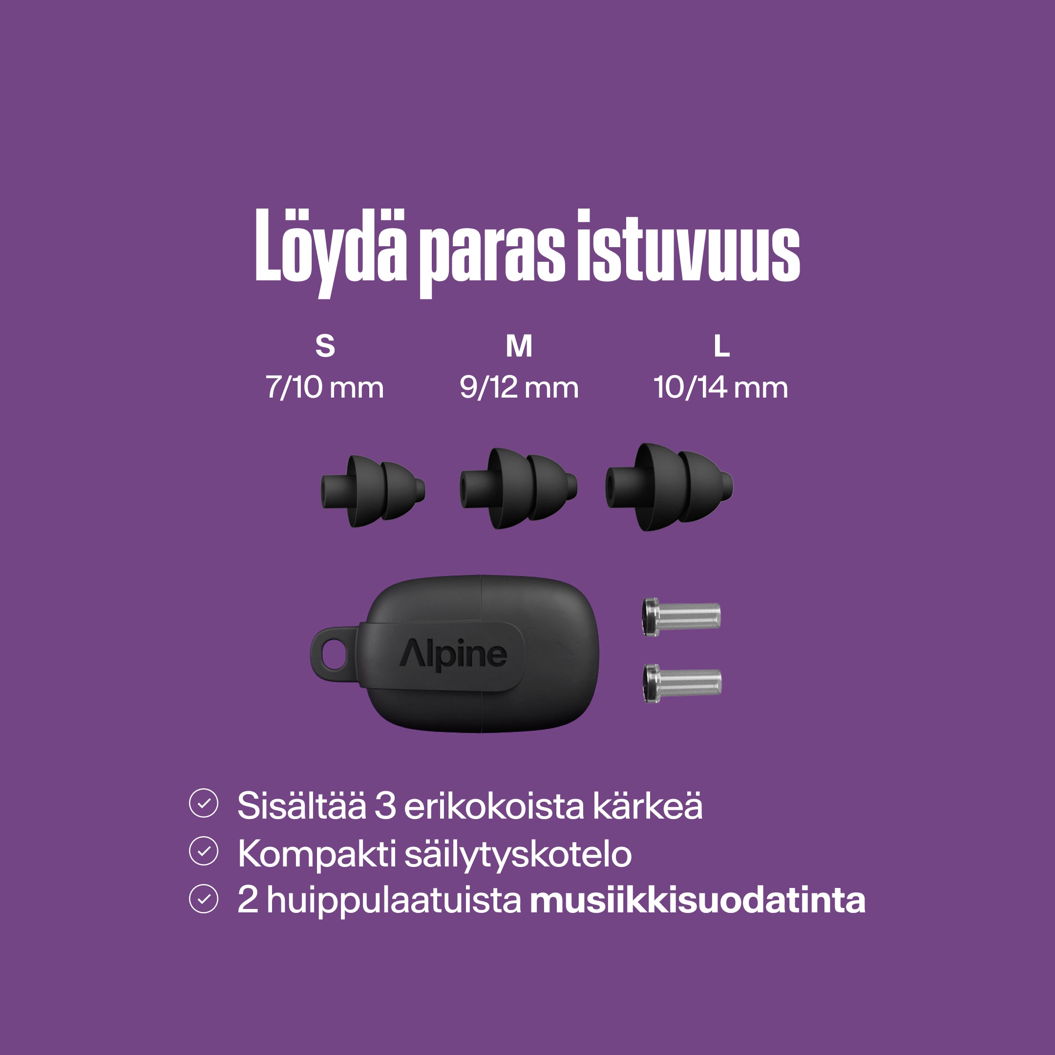 Alpine PartyPlug Pro: löydä paras istuvuus. Kolme mustaa korvatulppakokoa S, M, L, kotelo, kaksi musiikkisuodatinta 