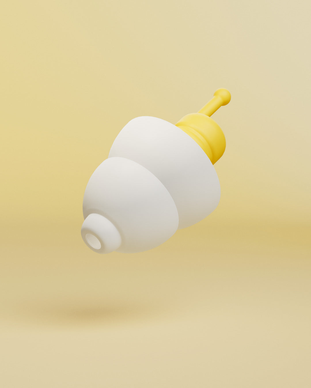 Alpine FlyFit earplug, 3D render of a single white earplug with yellow filter and stem on a yellow background 