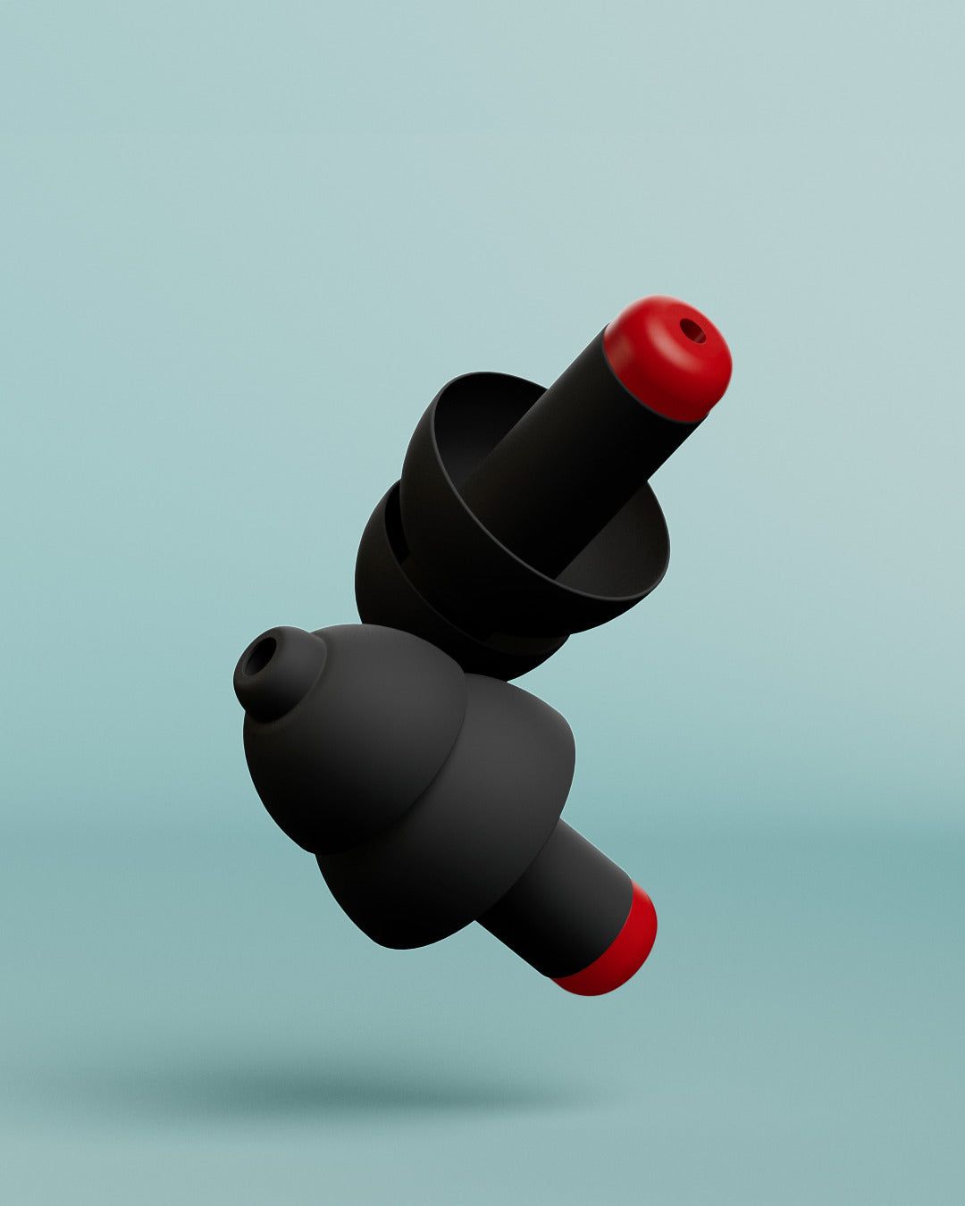 Alpine WorkSafe pair of black earplugs with red filter tips, 3D render on a light blue background 