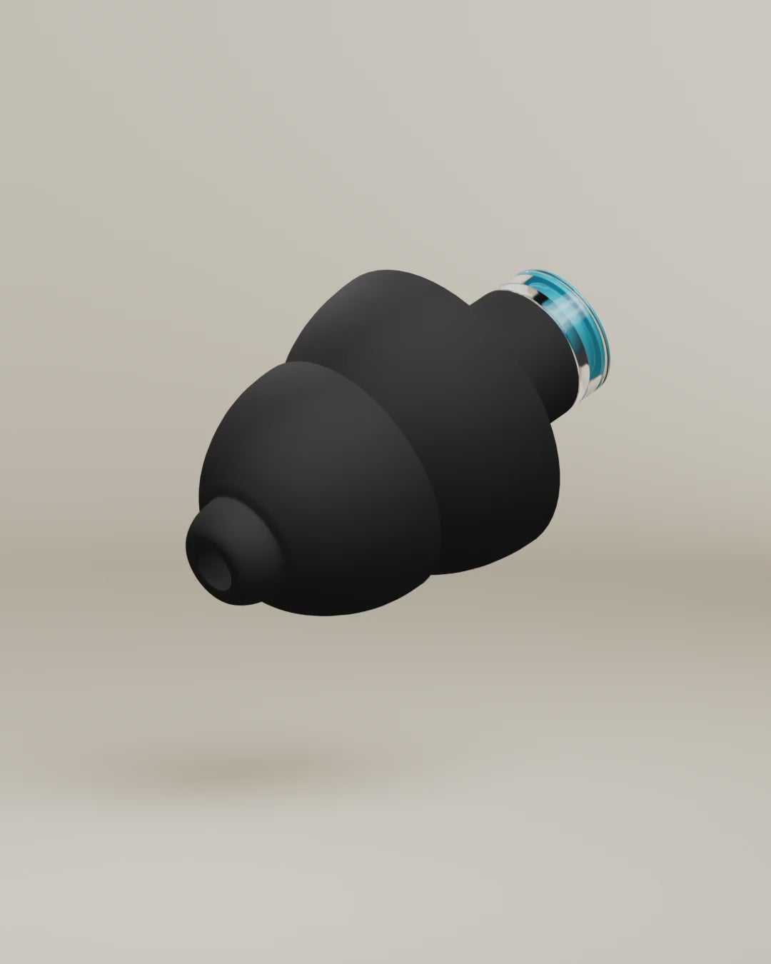 Alpine 24h Le Mans® Earplugs product animation, 3D render of a black earplug with blue filter 