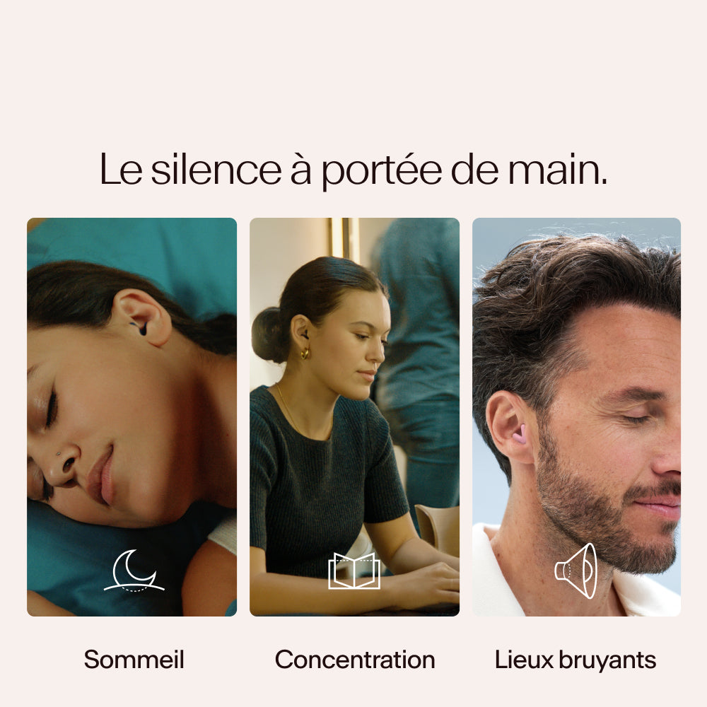 Trois personnes dans différents états de repos ou de concentration portant Alpine Silence en rose, avec du texte et des icônes indiquant « Sommeil », « Concentration » et « Lieux bruyants » 